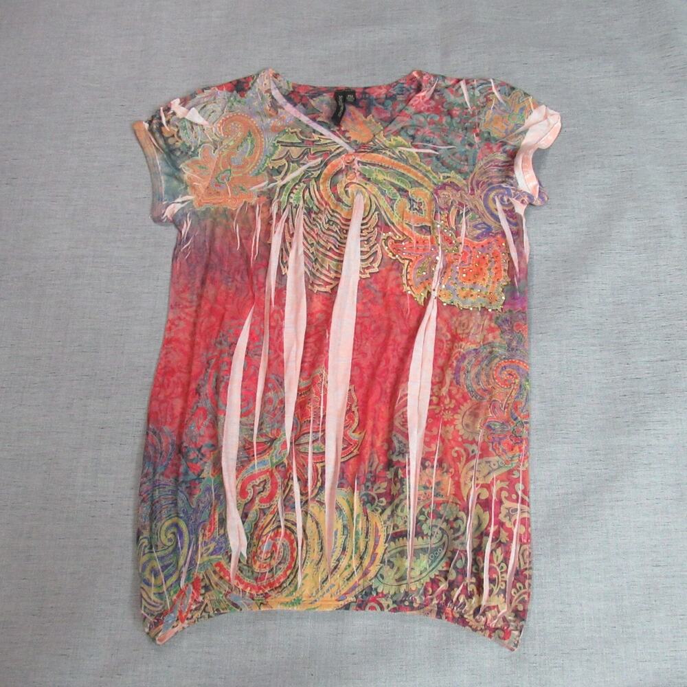 Susan Lawrence Top Women PM Multicolor Short Sleeve Boho Gypsy Rhinestone Hippie